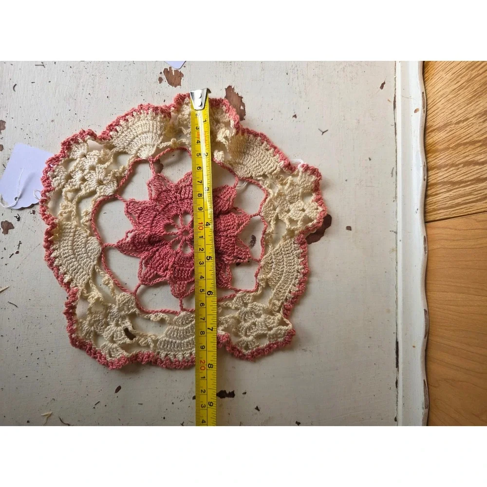 Lot of 5 Vintage Crochet Doilies Pink White Cream Lace Table Decor